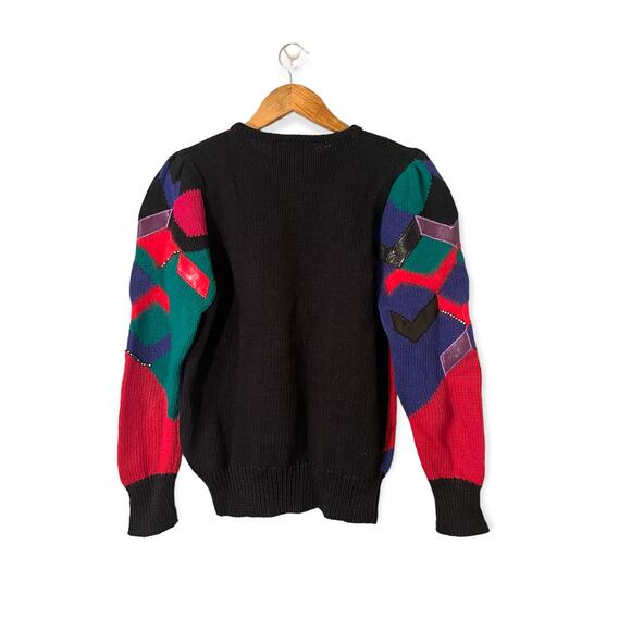 Vintage 80s Sweater Small Leather Angora Geometric Color Block Funky Retro - Picture 2 of 10